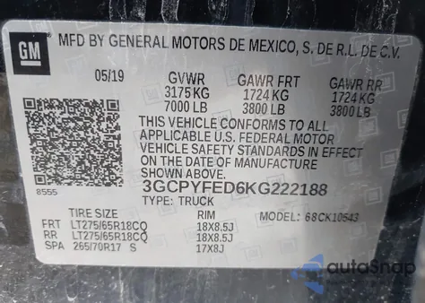 2019 Chevrolet Silverado 1500 Lt Trail Boss из США, поврежденный, VIN 3GCPYFED6KG222188